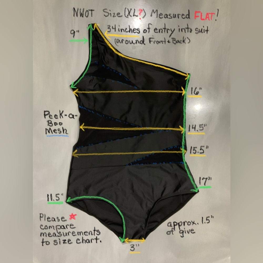 Black One Piece Bathing Suit Peek-a-Boo Mesh inserts One Crossbody Strap NWOT - Picture 6 of 11